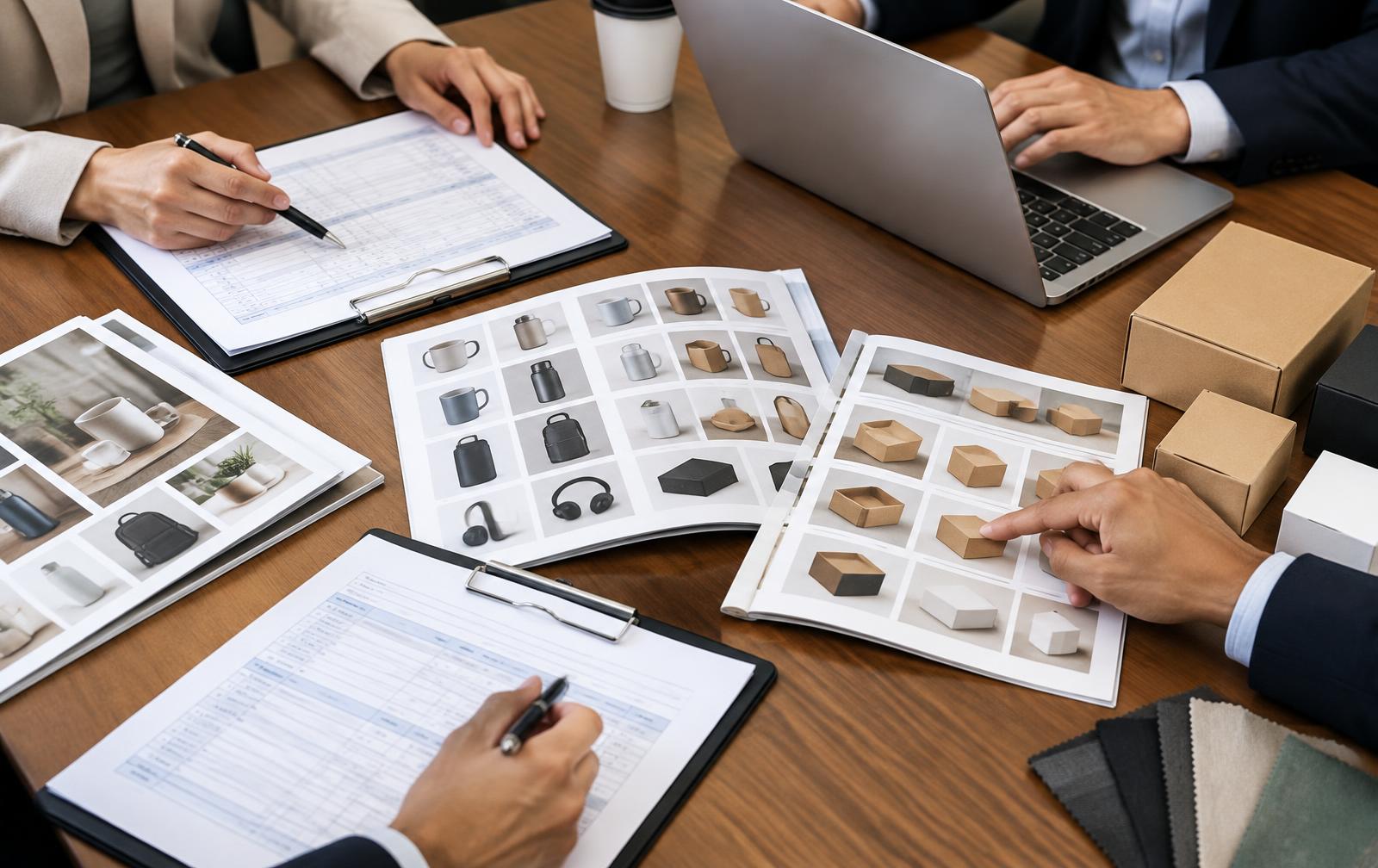 Team reviewing purchase orders and product catalogues