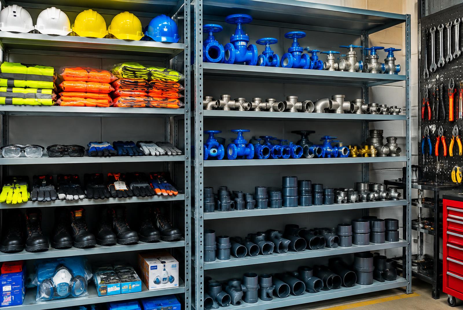 Shelves of PPE, valves, pipe fittings and tools